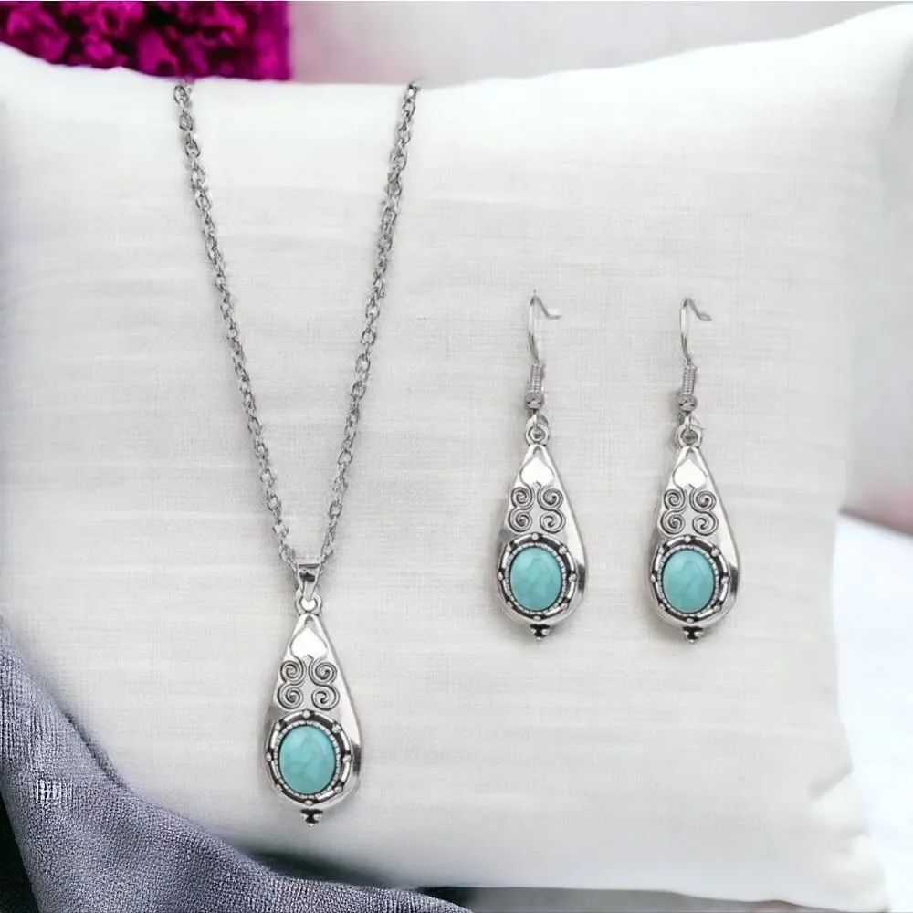 Silver Turquoise Teardrop 3-Piece Jewelry Set Necklace & Dangle Earrings NWT